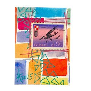 ACEO Original Art Watercolor 1971 Poland P11 C Bomber Warplane Postage Stamp ATC